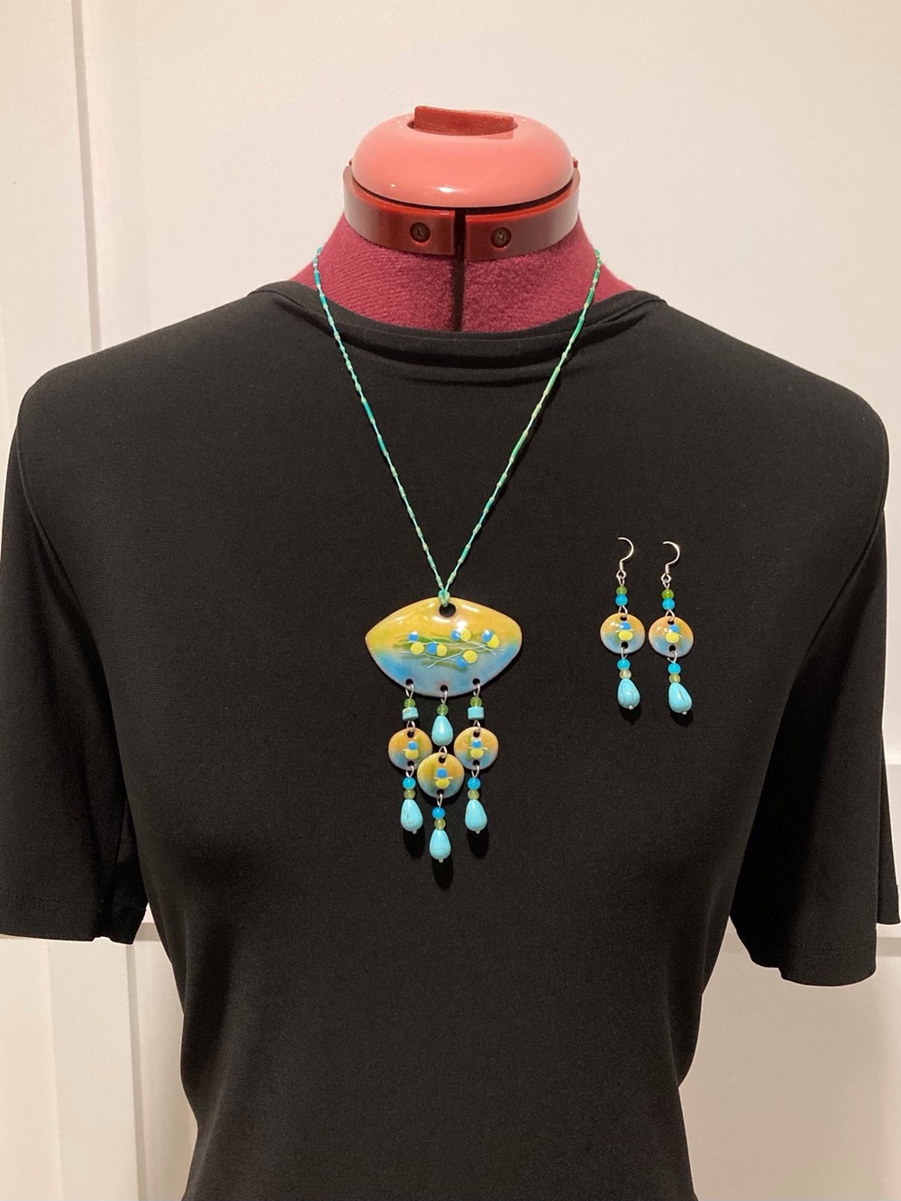Handcrafted Blue Green Enamel Copper Pendant Necklace & Earring Set Boho